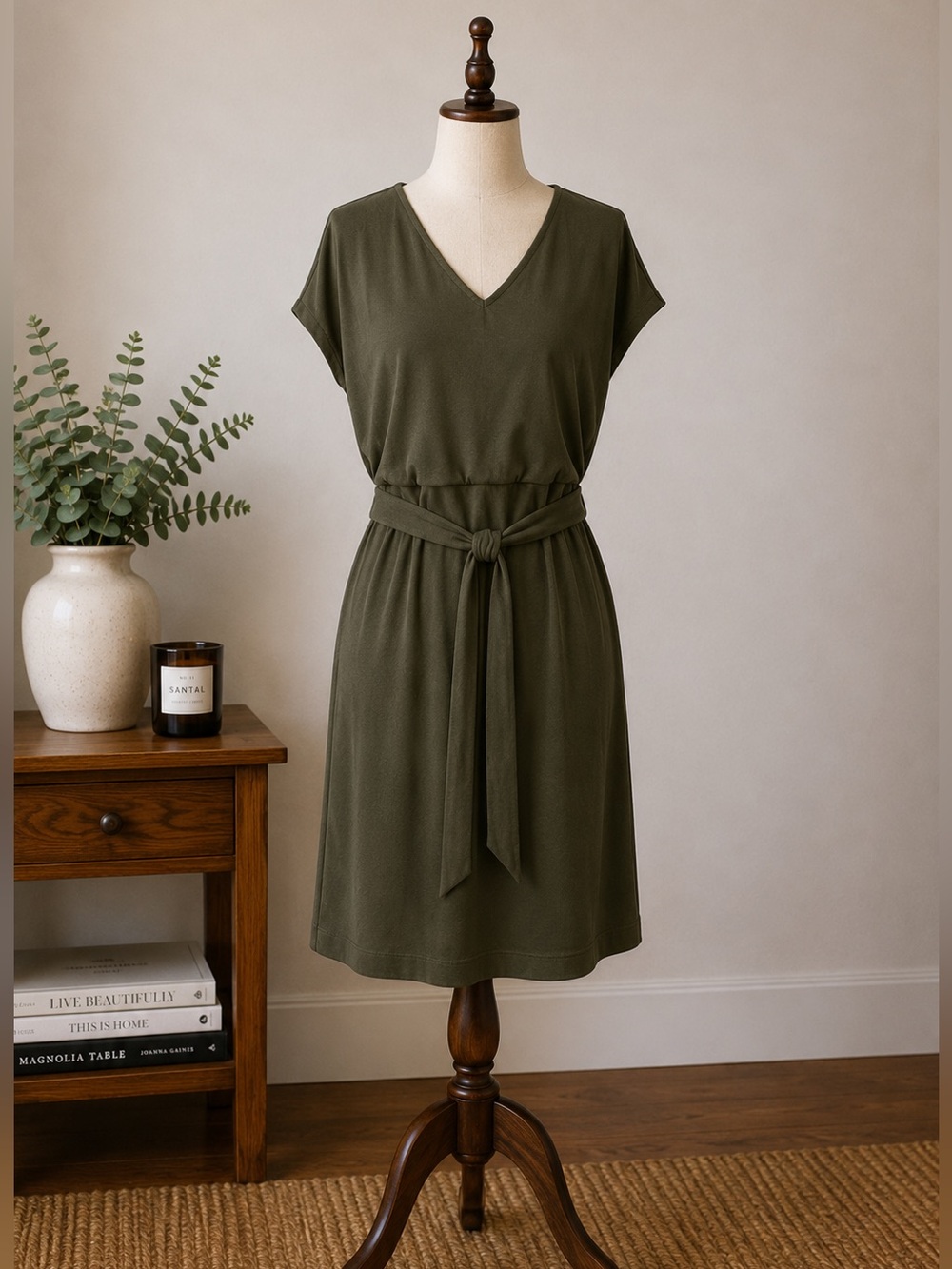 RW&CO Olive Green Tie Waist Dress Size L Corporate Chic Workwear Minimalist